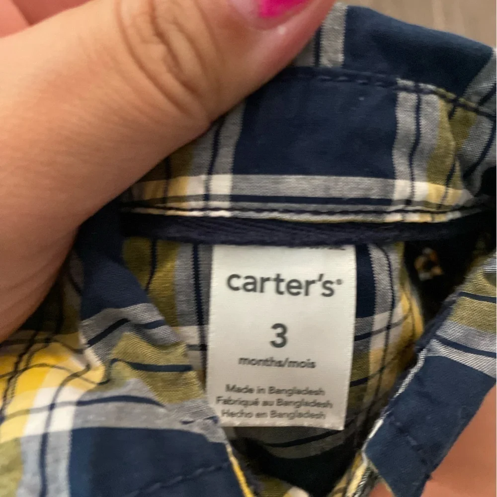 Carter's Navy and Yellow Plaid button down long sleeve Baby Onesie size 3M